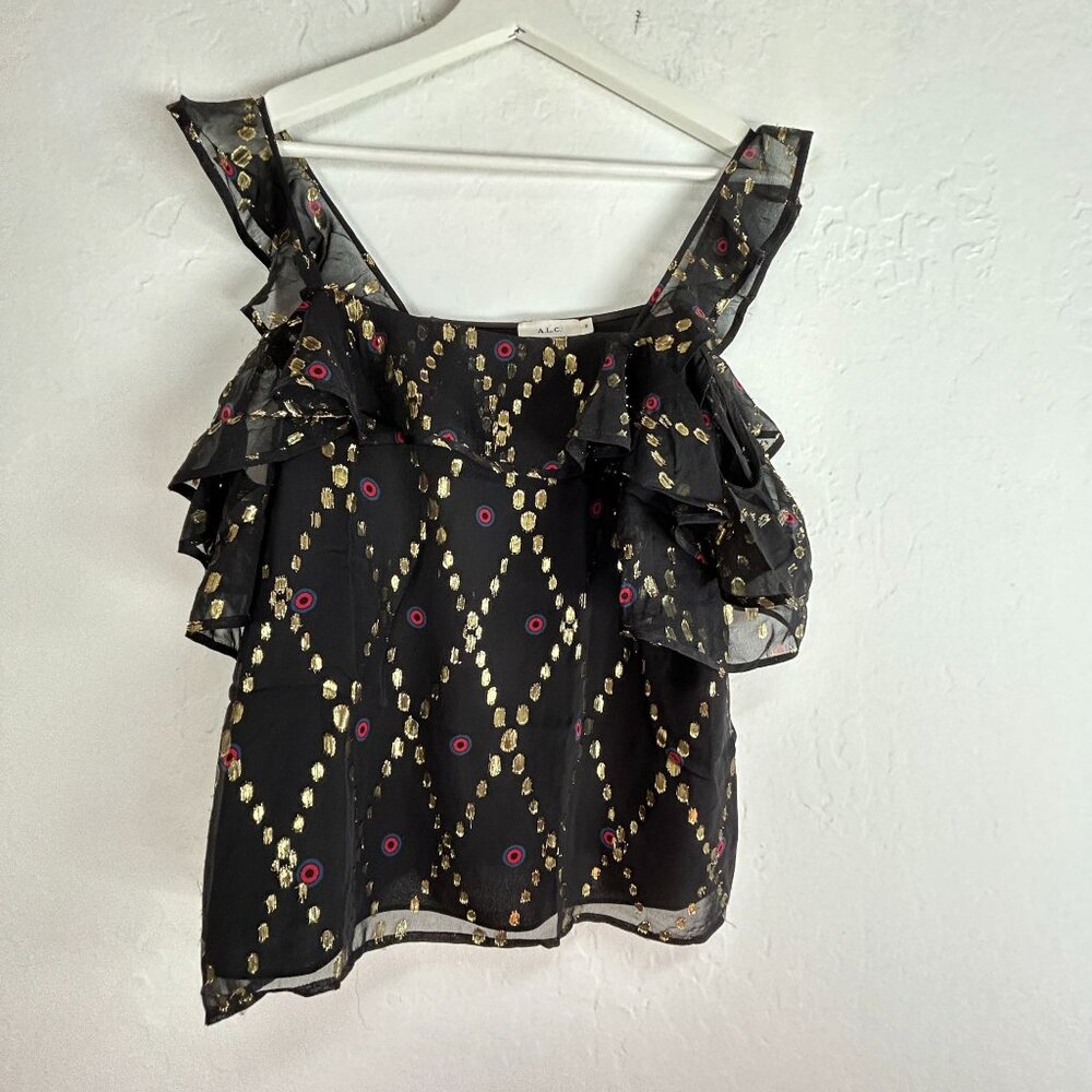 A.L.C Womens Willow Silk Metallic Ruffle Cold Shoulder Blouse Size 6 Black Gold